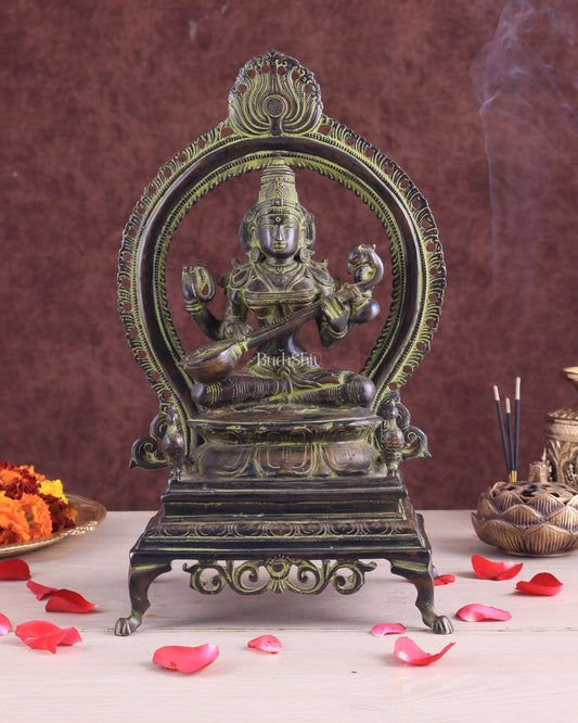 Vintage Brass Goddess Saraswati Statue – Sand Patina Finish 13" - Budhshiv.com