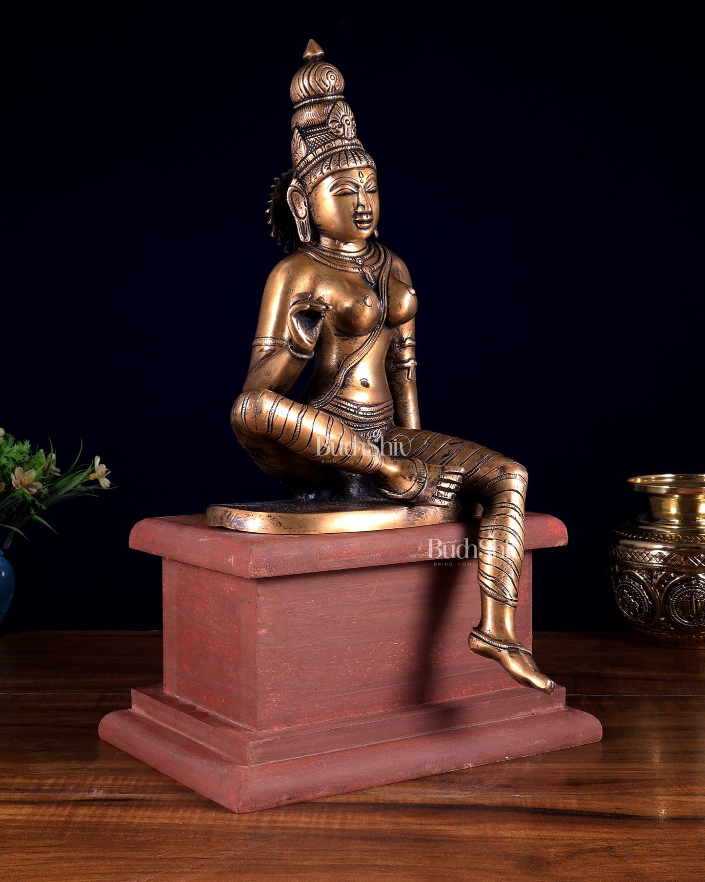 Vintage Brass Goddess Uma Parvati Bhoga Shakti on Rustic Wooden Base 15 inch - Budhshiv.com