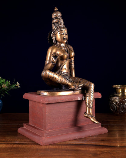 Vintage Brass Goddess Uma Parvati Bhoga Shakti on Rustic Wooden Base 15 inch - Budhshiv.com