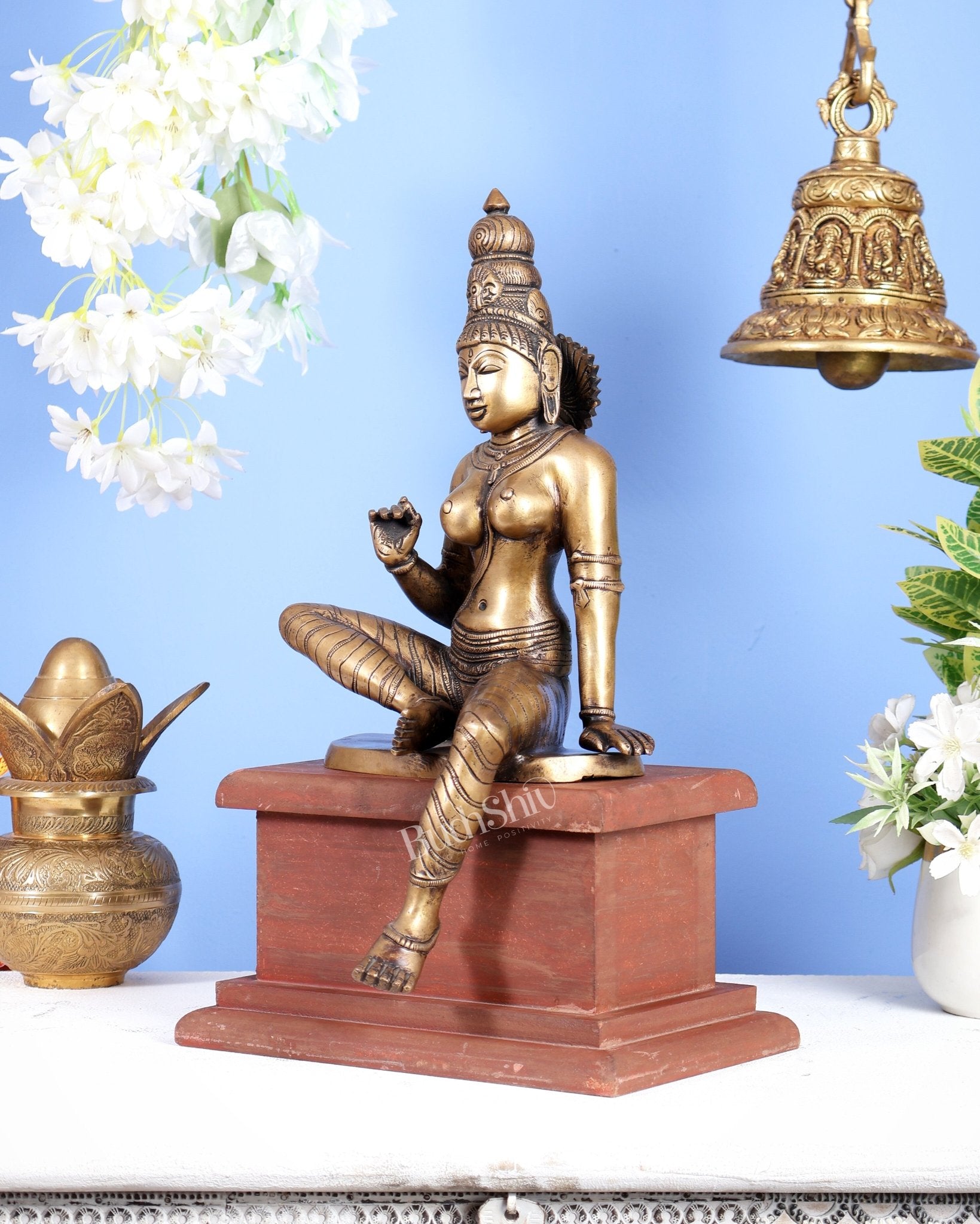 Vintage Brass Goddess Uma Parvati Bhoga Shakti on Rustic Wooden Base 15 inch - Budhshiv.com