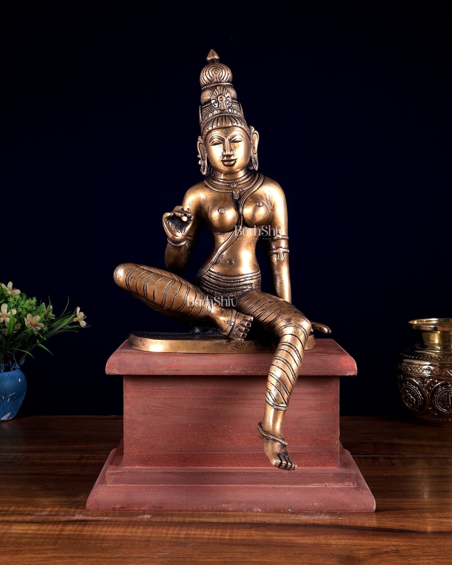 Vintage Brass Goddess Uma Parvati Bhoga Shakti on Rustic Wooden Base 15 inch - Budhshiv.com