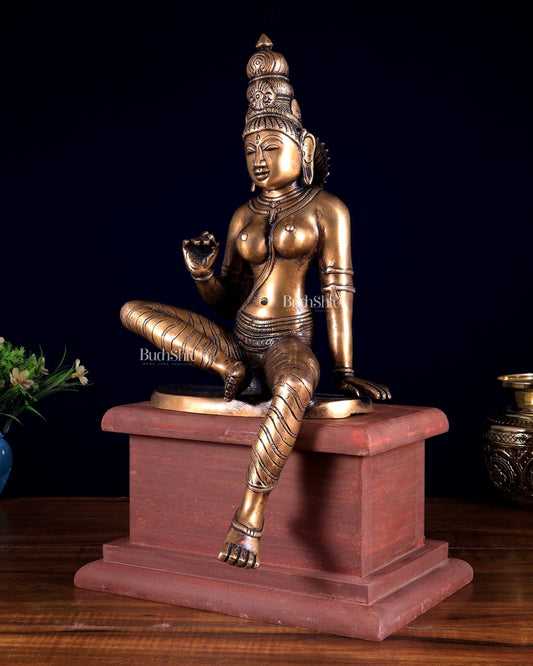 Vintage Brass Goddess Uma Parvati Bhoga Shakti on Rustic Wooden Base 15 inch - Budhshiv.com