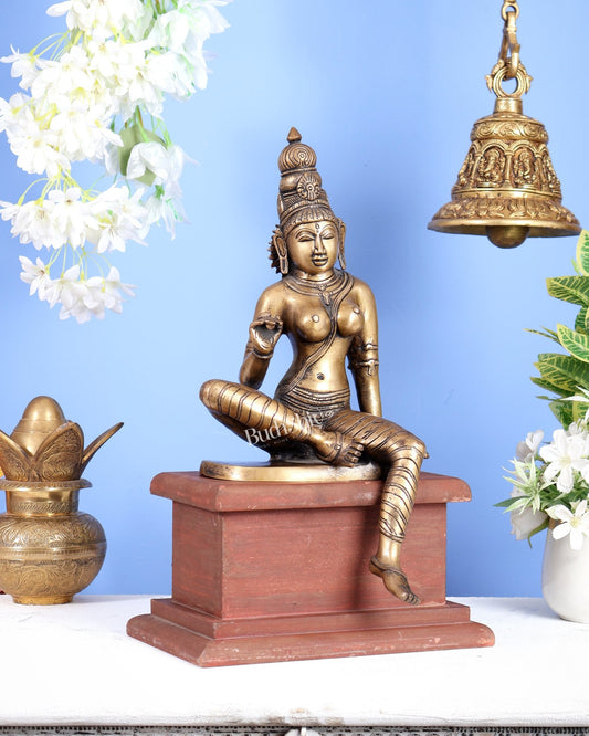 Vintage Brass Goddess Uma Parvati Bhoga Shakti on Rustic Wooden Base 15 inch - Budhshiv.com
