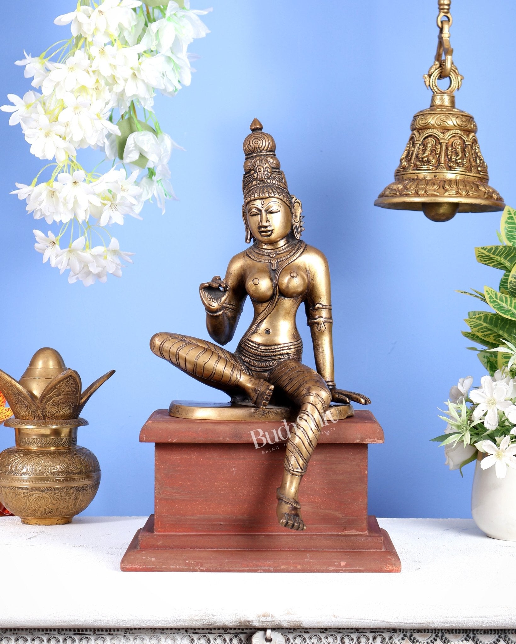 Vintage Brass Goddess Uma Parvati Bhoga Shakti on Rustic Wooden Base 15 inch - Budhshiv.com