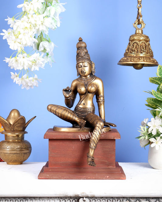 Vintage Brass Goddess Uma Parvati Bhoga Shakti on Rustic Wooden Base 15 inch - Budhshiv.com