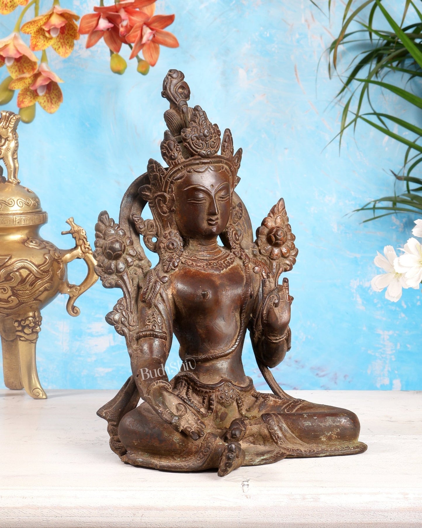 Vintage Brass Green Tara rustic Statue – 10.5 inch - Budhshiv.com