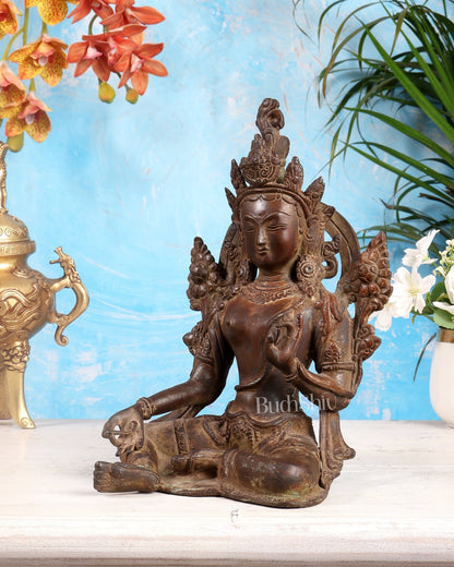 Vintage Brass Green Tara rustic Statue – 10.5 inch - Budhshiv.com