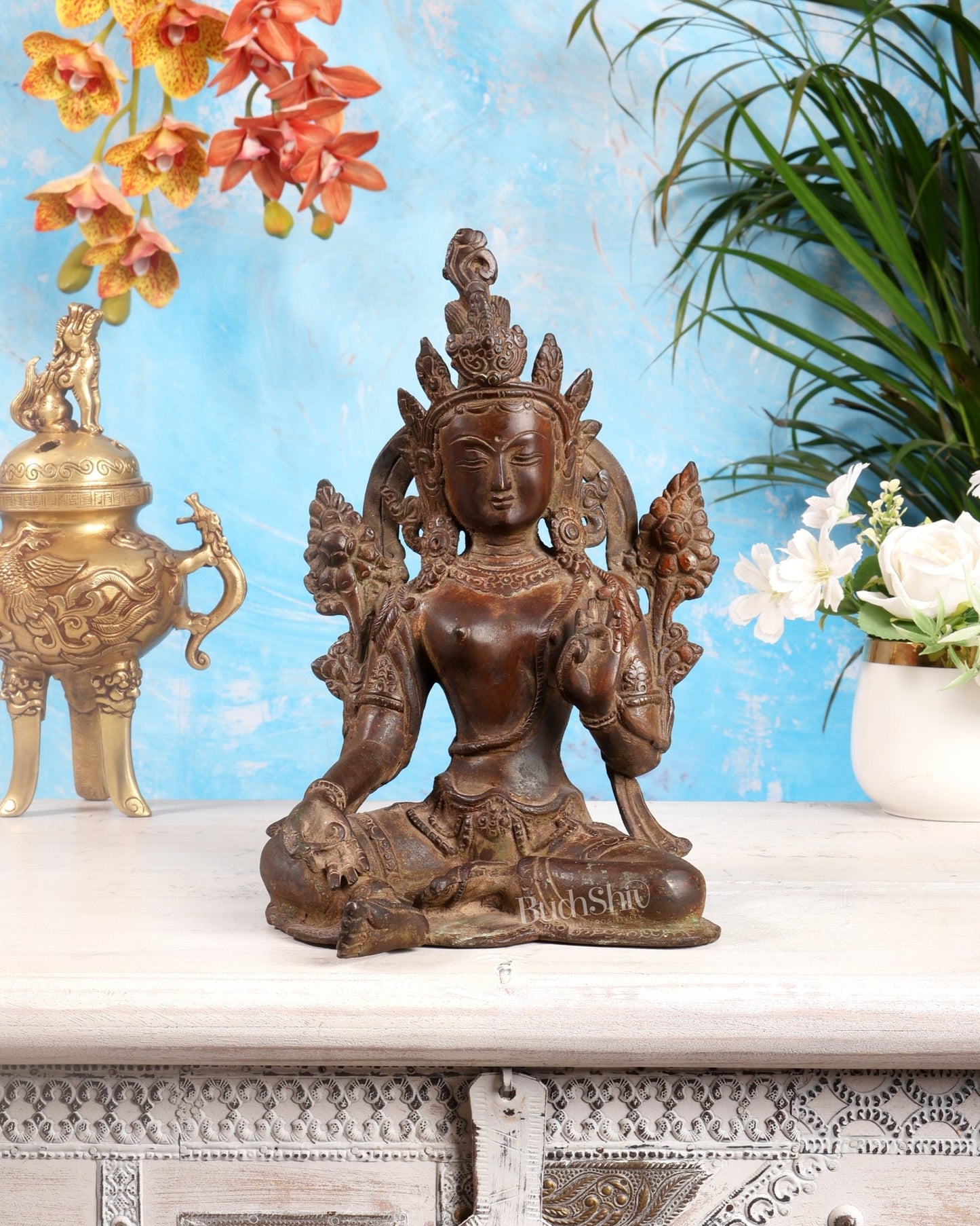 Vintage Brass Green Tara rustic Statue – 10.5 inch - Budhshiv.com