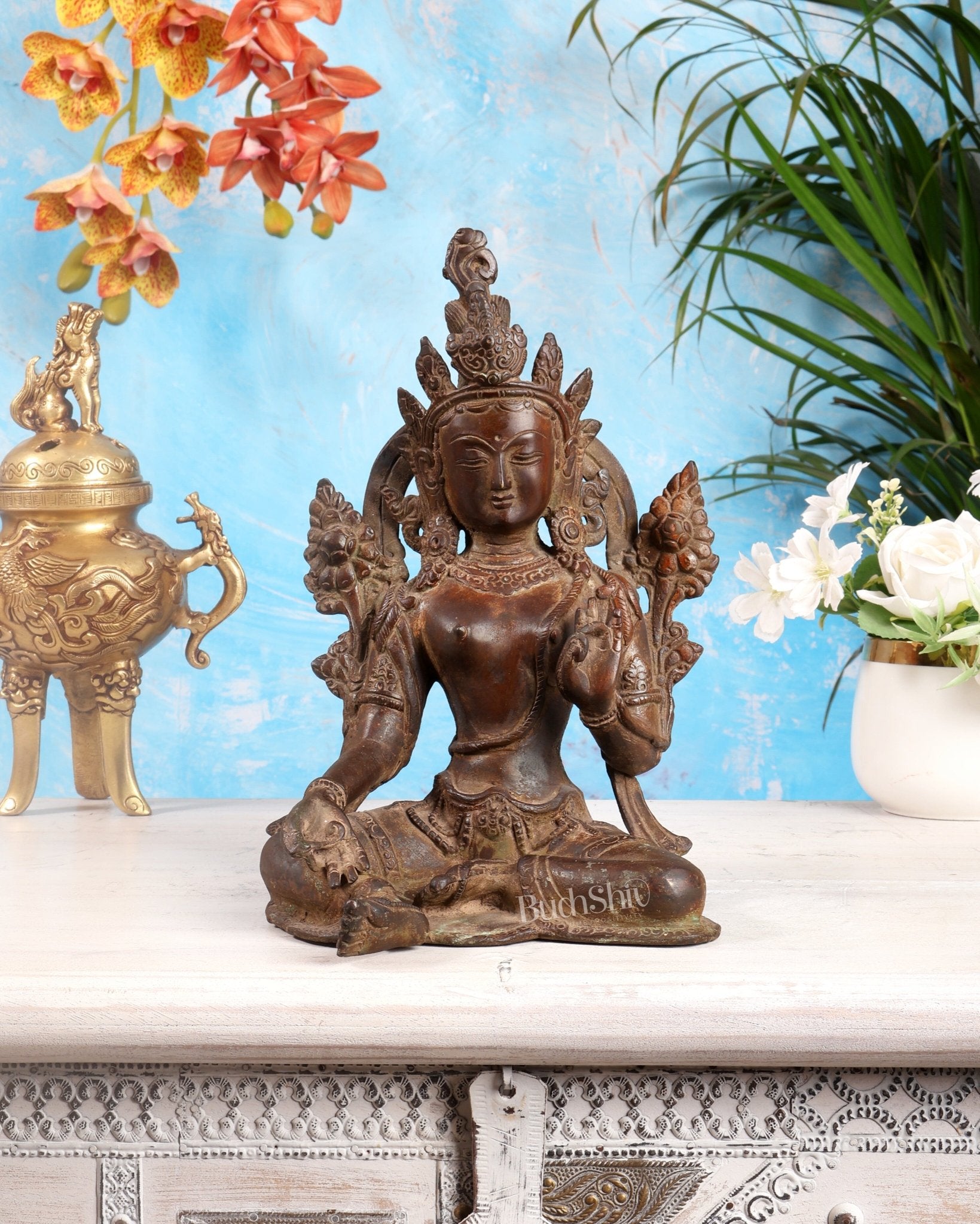 Vintage Brass Green Tara rustic Statue – 10.5 inch - Budhshiv.com
