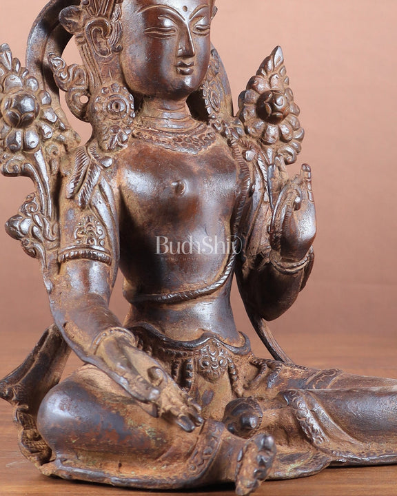Vintage Brass Green Tara Statue – 10.5" x 7" x 6" | Exclusive Tibetan Art - Budhshiv.com