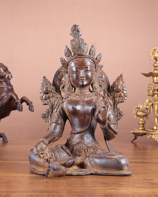 Vintage Brass Green Tara Statue – 10.5" x 7" x 6" | Exclusive Tibetan Art - Budhshiv.com