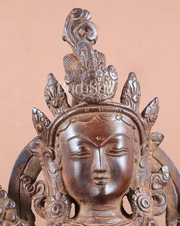 Vintage Brass Green Tara Statue – 10.5" x 7" x 6" | Exclusive Tibetan Art - Budhshiv.com