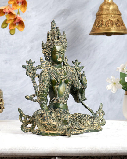 Vintage Brass Green Tara Statue – Highly Detailed Buddhist Goddess Sculpture (10 Inches) - Budhshiv.com