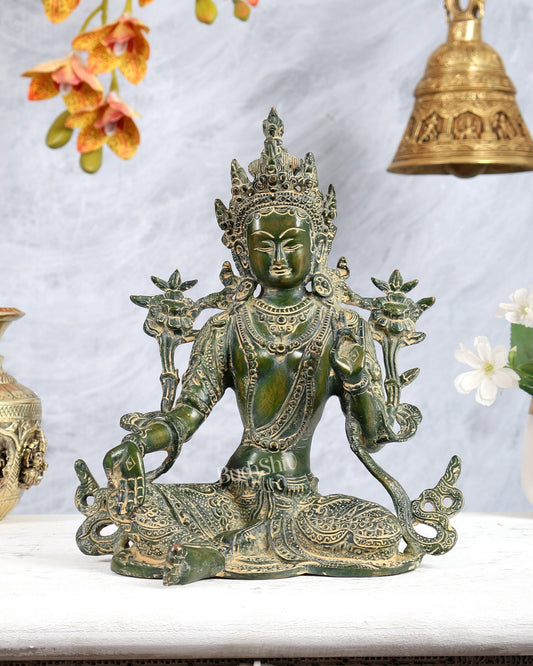 Vintage Brass Green Tara Statue – Highly Detailed Buddhist Goddess Sculpture (10 Inches) - Budhshiv.com