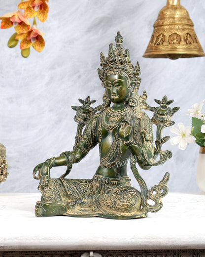Vintage Brass Green Tara Statue – Highly Detailed Buddhist Goddess Sculpture (10 Inches) - Budhshiv.com