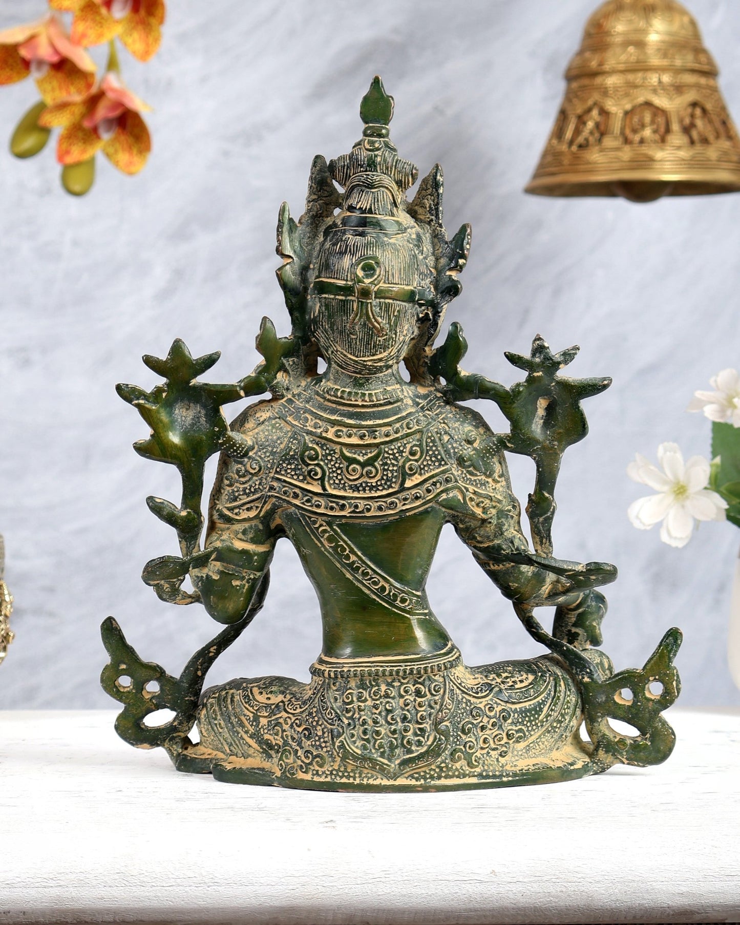 Vintage Brass Green Tara Statue – Highly Detailed Buddhist Goddess Sculpture (10 Inches) - Budhshiv.com