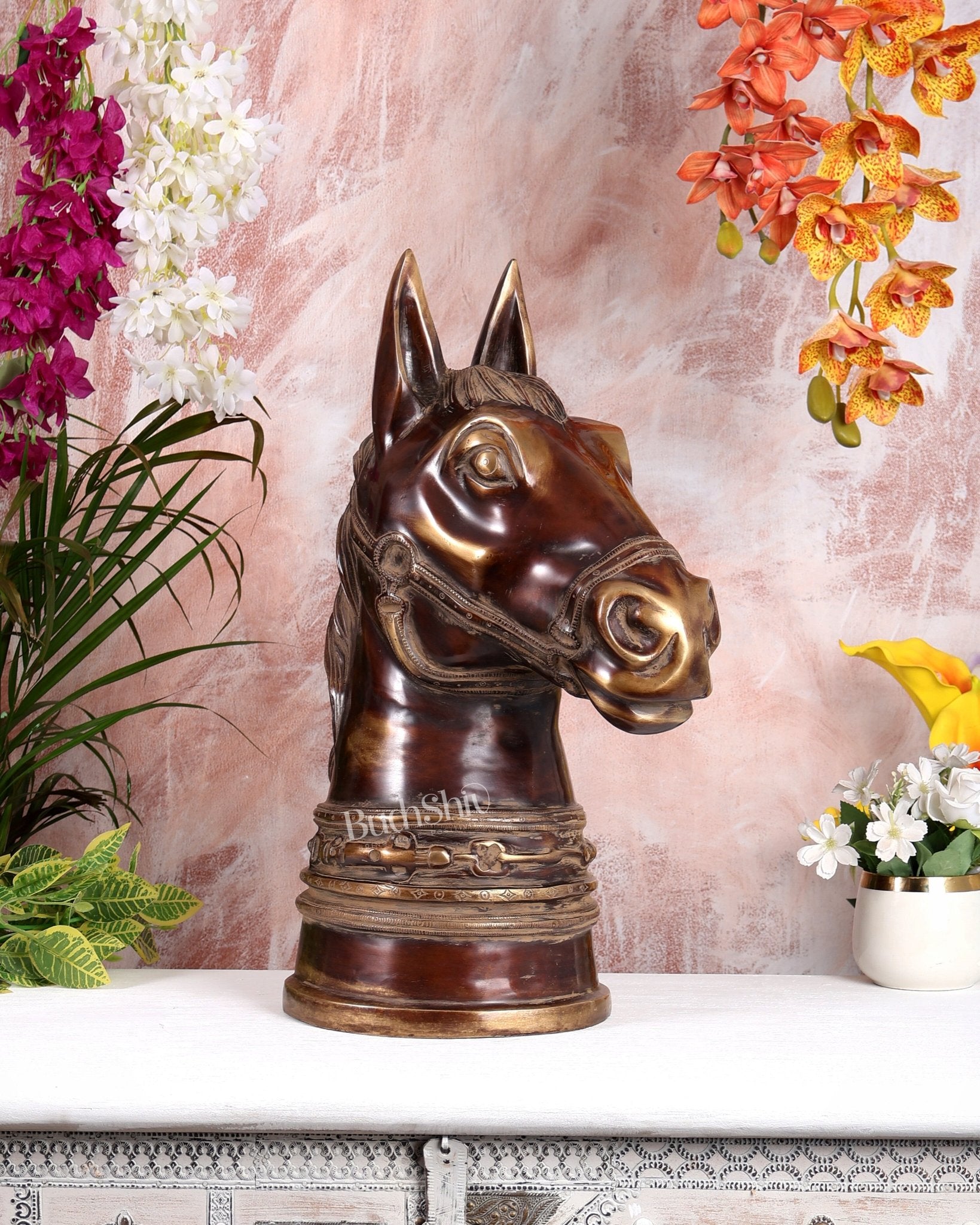 Vintage Brass Horse Head Bust Sculpture – Handcrafted Decorative Showpiece (20.5 Inches) - Budhshiv.com