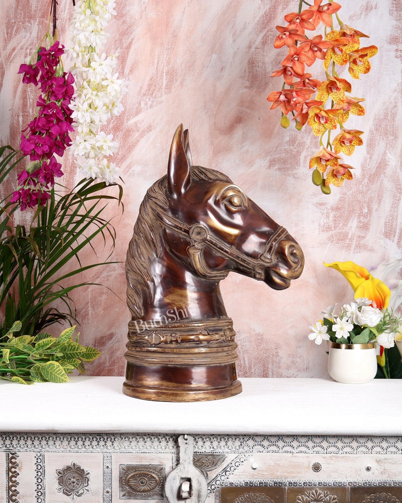 Vintage Brass Horse Head Bust Sculpture – Handcrafted Decorative Showpiece (20.5 Inches) - Budhshiv.com