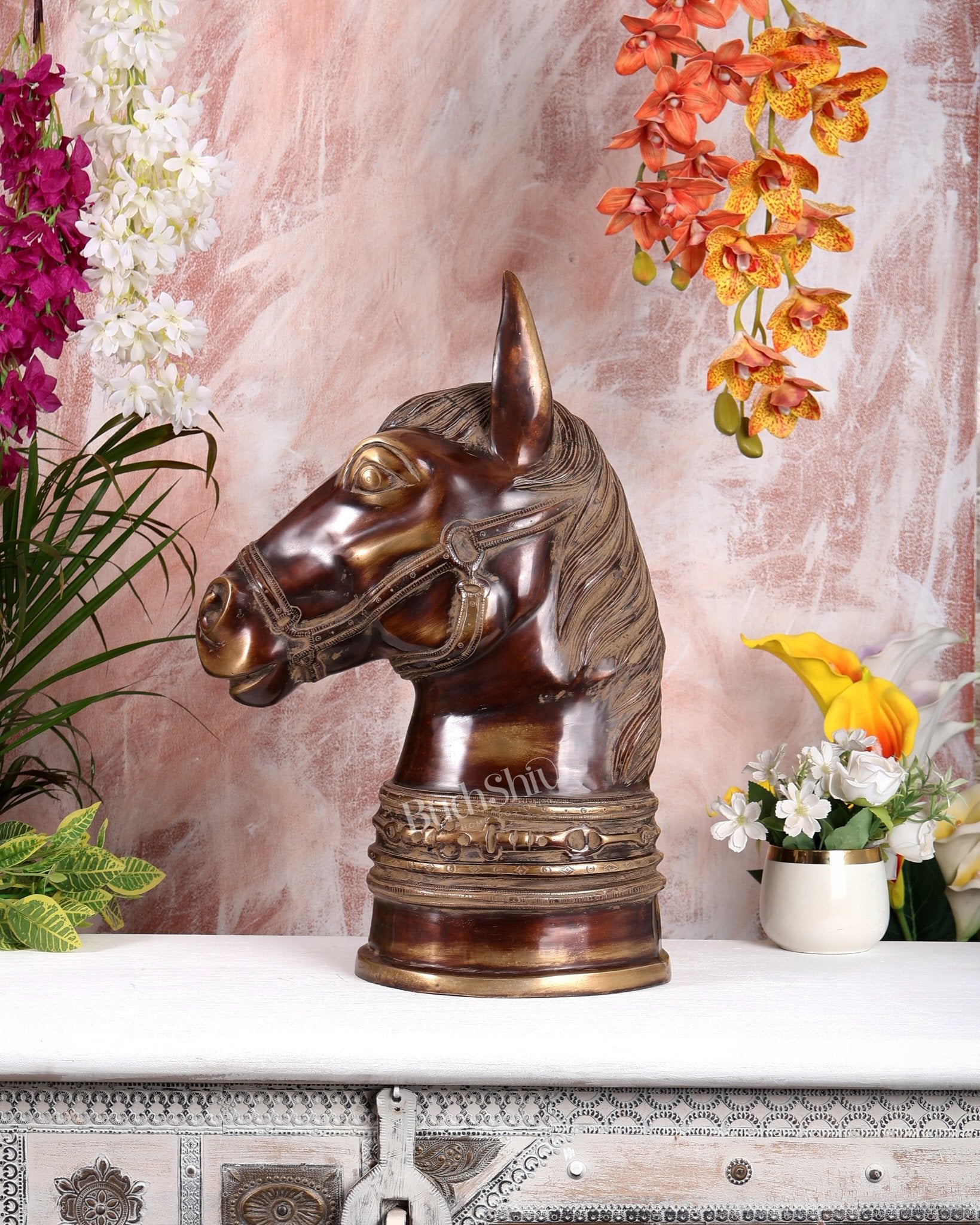 Vintage Brass Horse Head Bust Sculpture – Handcrafted Decorative Showpiece (20.5 Inches) - Budhshiv.com