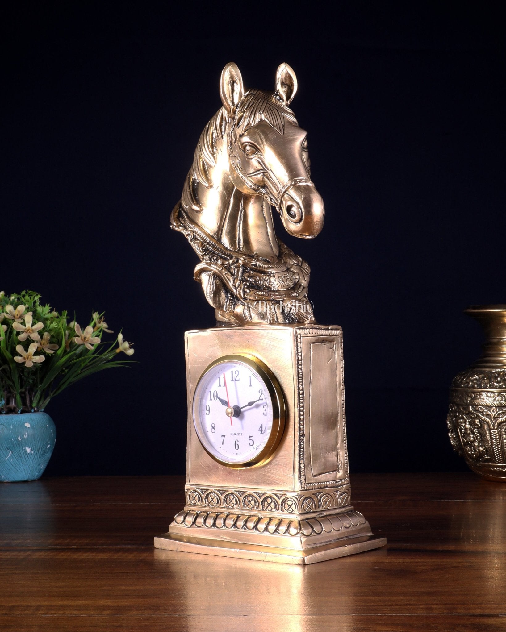 Vintage Brass Horse Head Table Clock | 11" - Budhshiv.com