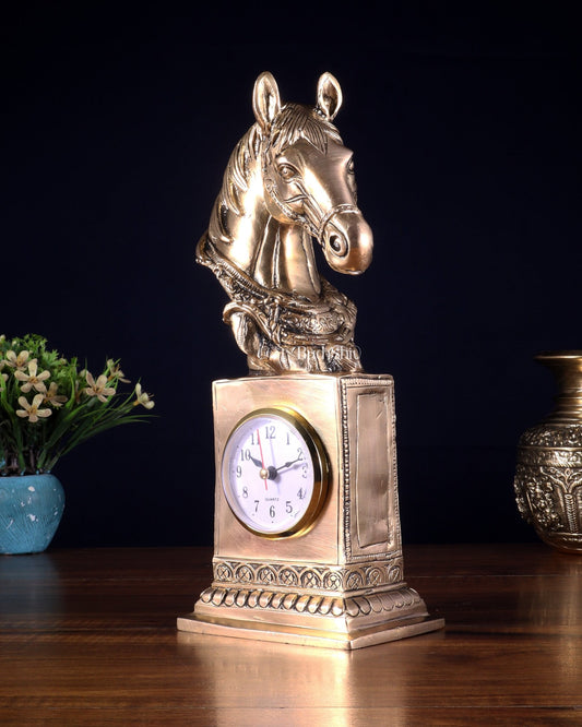 Vintage Brass Horse Head Table Clock | 11" - Budhshiv.com