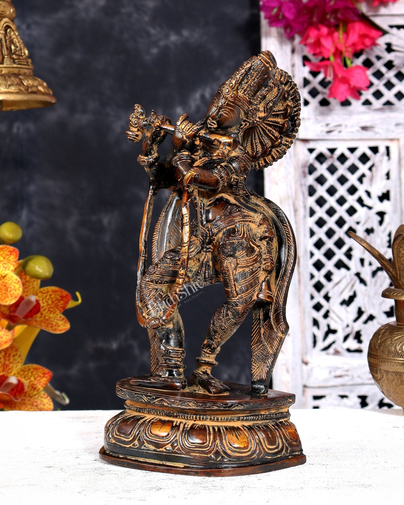 Vintage Brass Krishna Idol — Rustic Patina 11 inch - Budhshiv.com