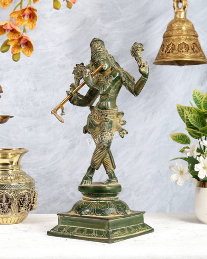 Vintage Brass Krishna roopam Vishnu Statue - Green patina 14.5" - Budhshiv.com