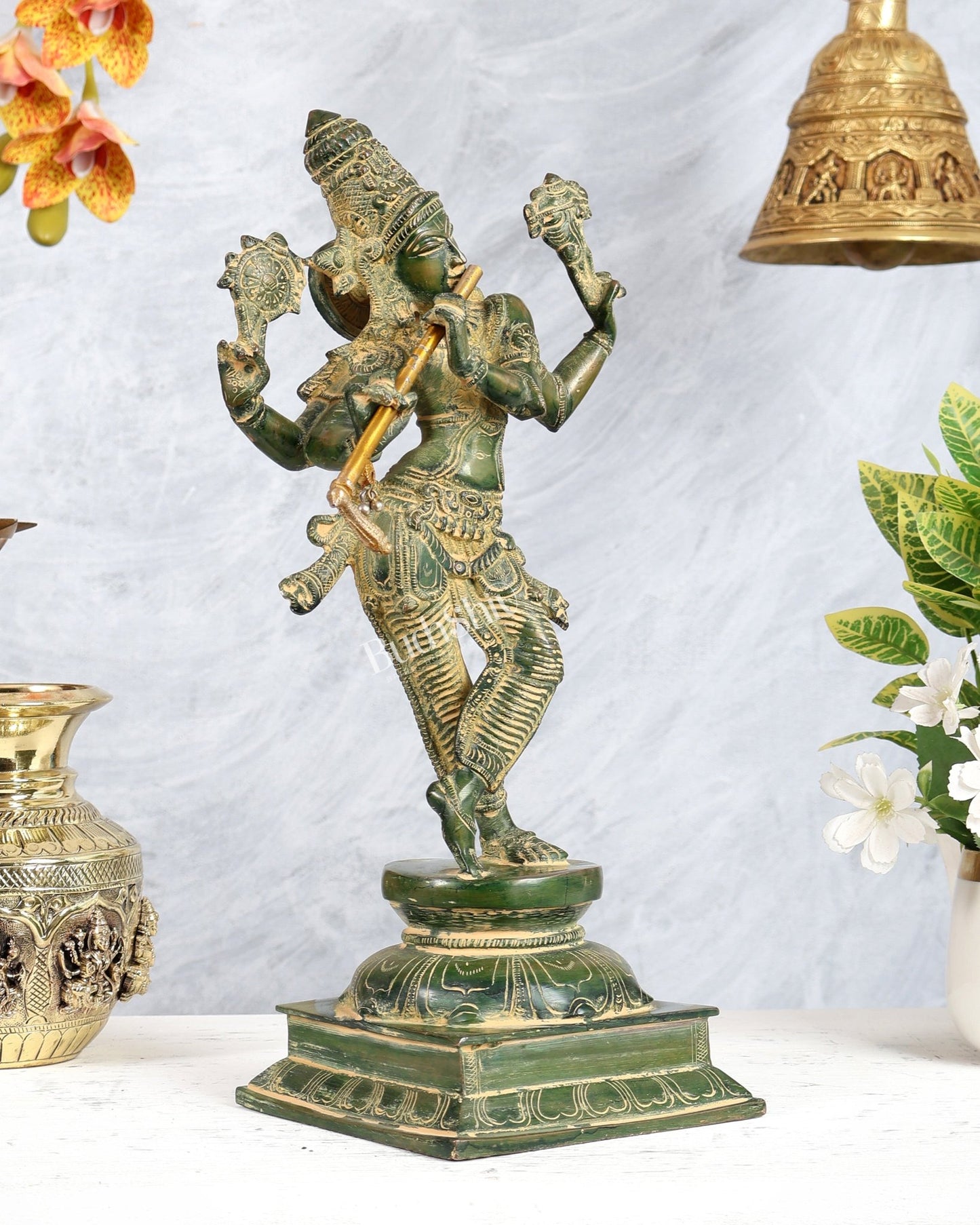 Vintage Brass Krishna roopam Vishnu Statue - Green patina 14.5" - Budhshiv.com