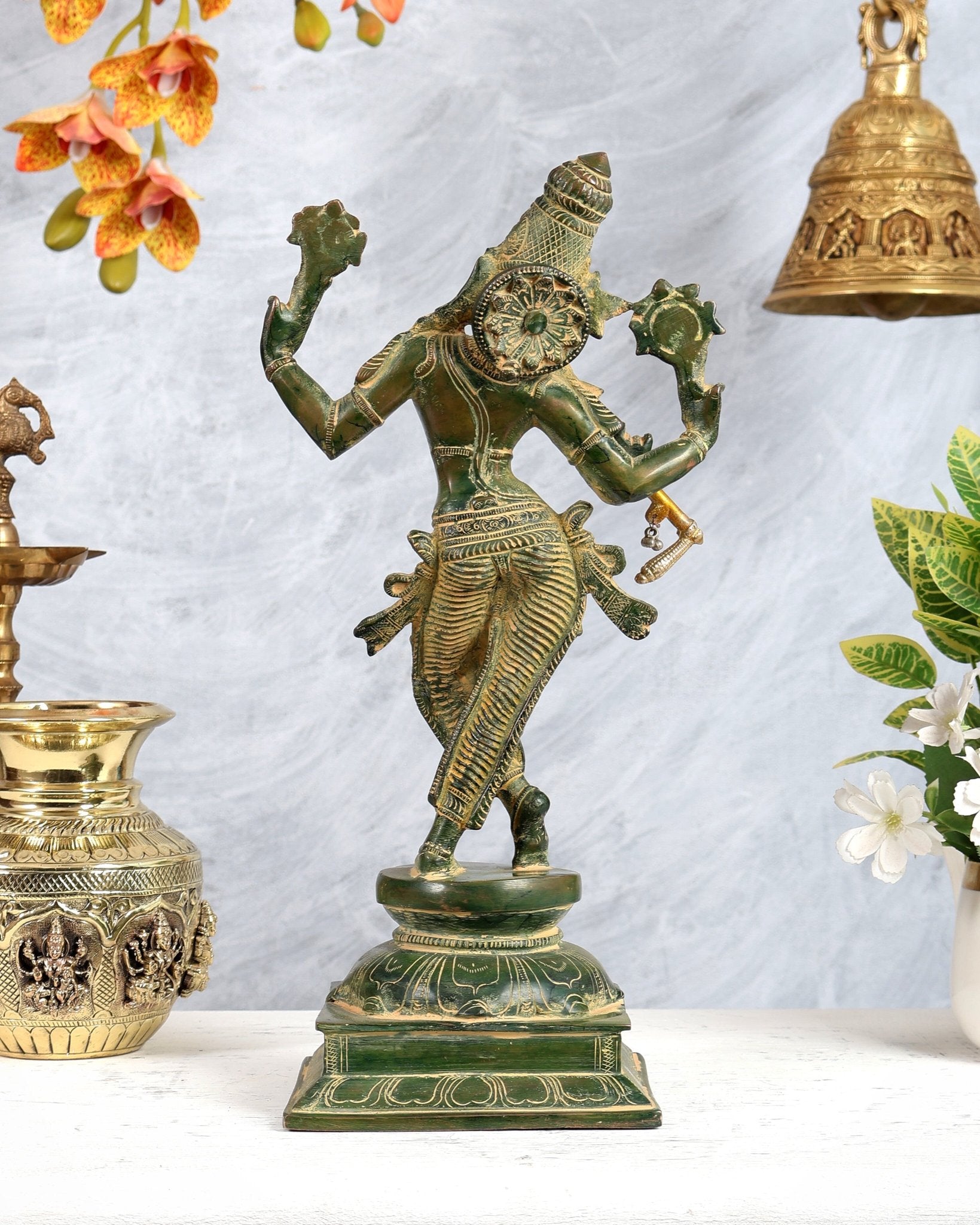 Vintage Brass Krishna roopam Vishnu Statue - Green patina 14.5" - Budhshiv.com