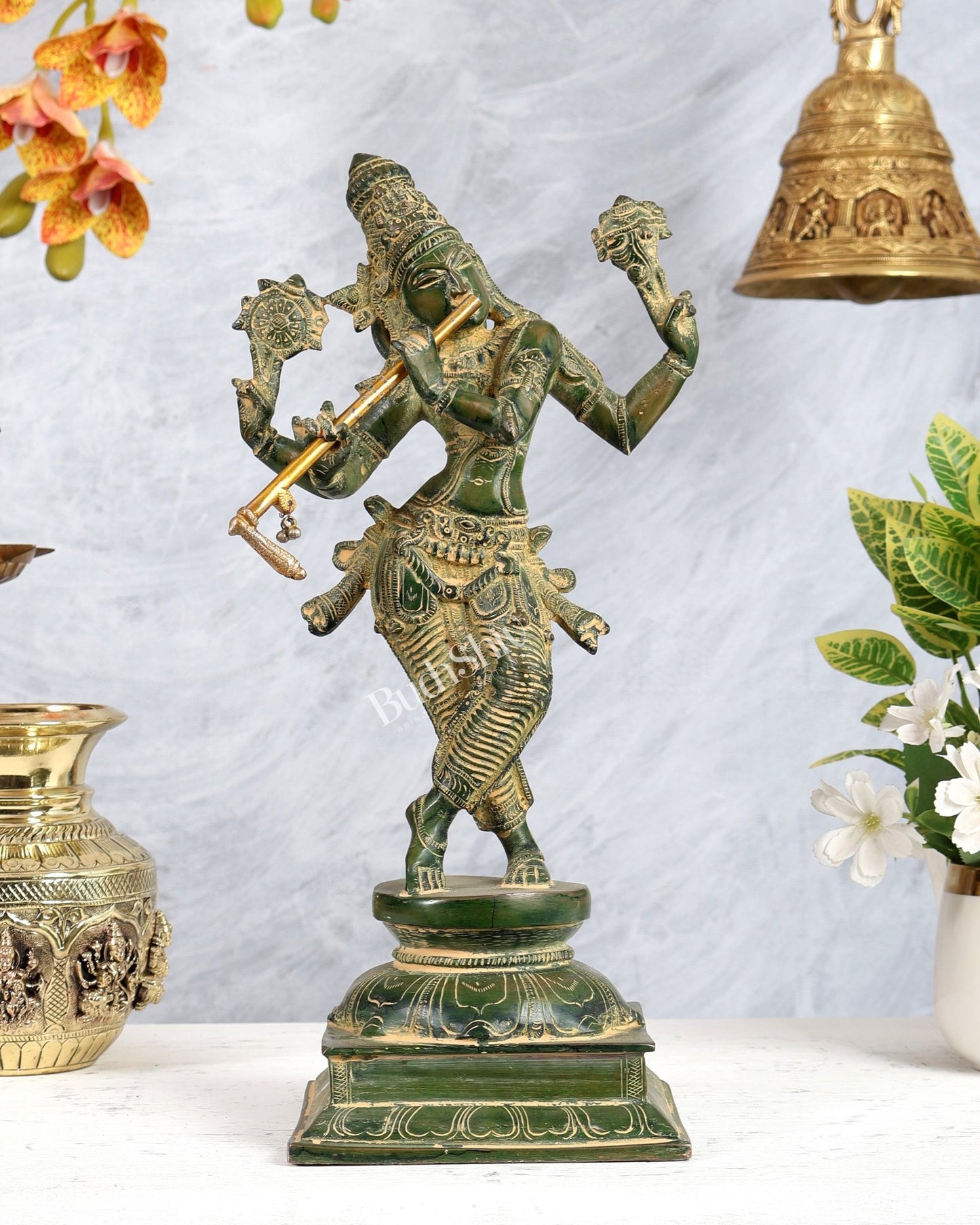 Vintage Brass Krishna roopam Vishnu Statue - Green patina 14.5" - Budhshiv.com