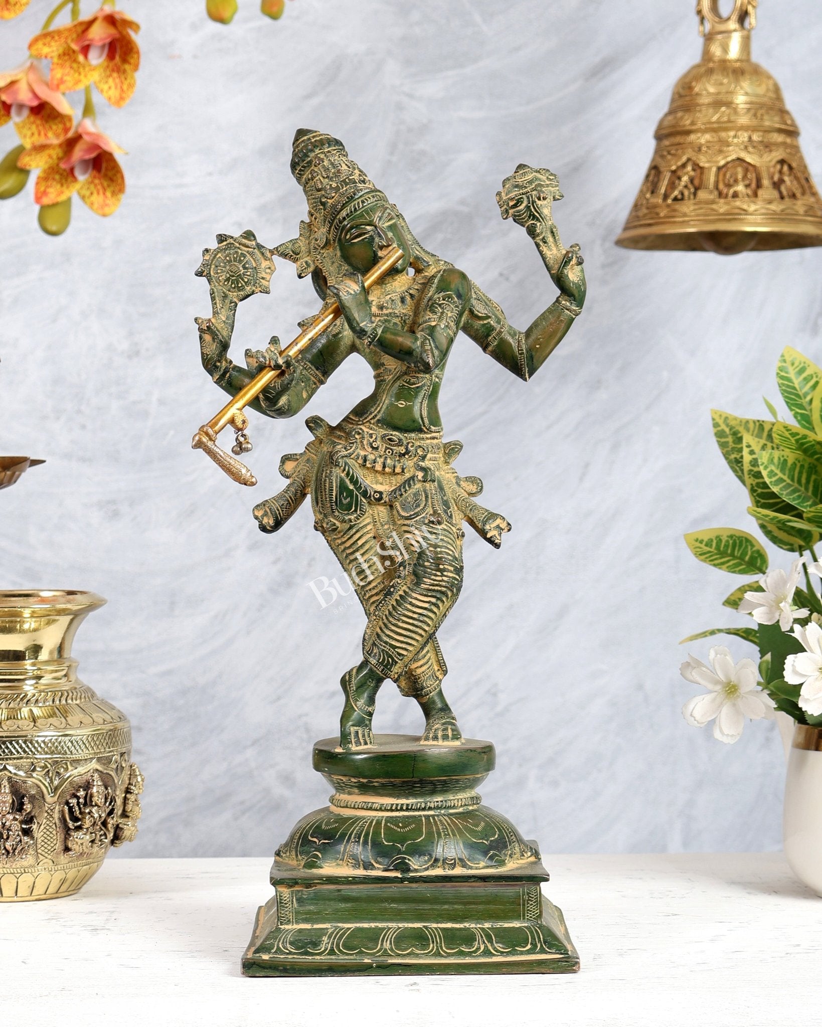 Vintage Brass Krishna roopam Vishnu Statue - Green patina 14.5" - Budhshiv.com