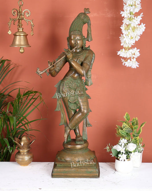 Vintage Brass Krishna statue unique crown 36 inch - Budhshiv.com