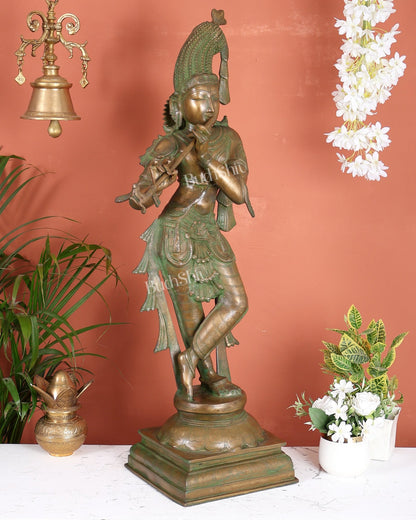 Vintage Brass Krishna statue unique crown 36 inch - Budhshiv.com