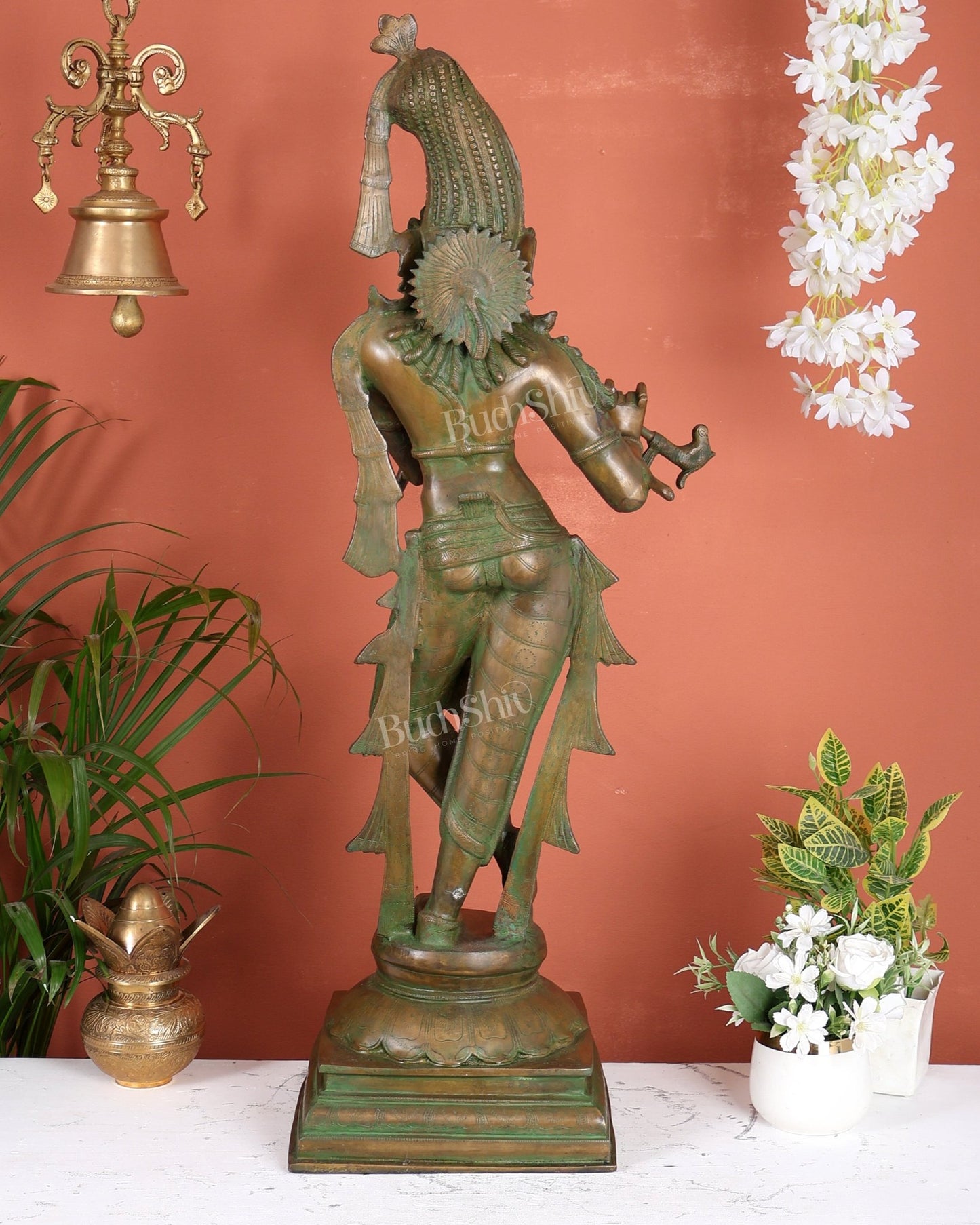 Vintage Brass Krishna statue unique crown 36 inch - Budhshiv.com
