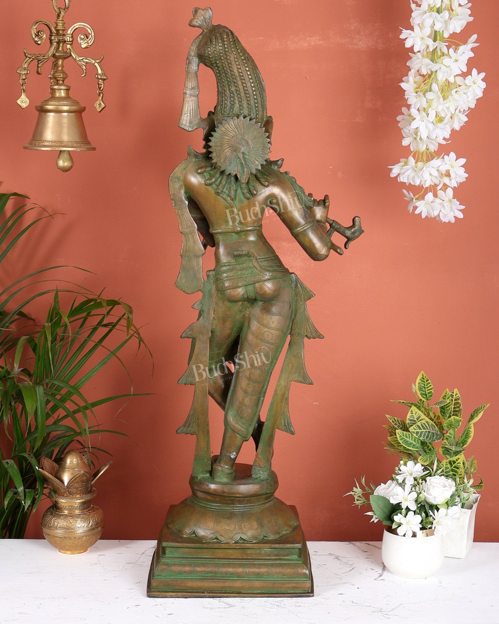 Vintage Brass Krishna statue unique crown 36 inch - Budhshiv.com