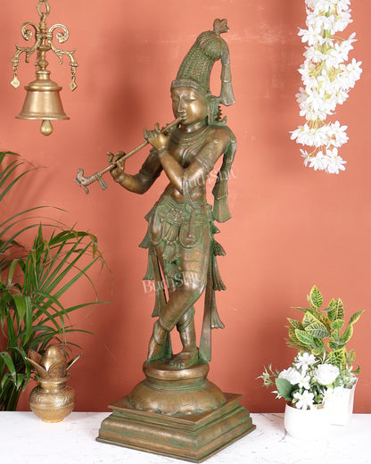 Vintage Brass Krishna statue unique crown 36 inch - Budhshiv.com
