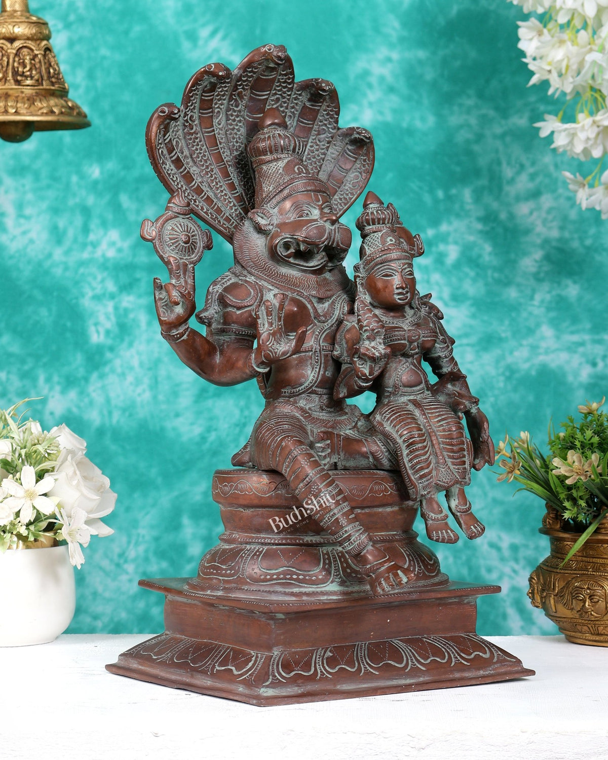 Vintage Brass Lakshmi Narasimha Swamy Statue 15" rustic patina - Budhshiv.com