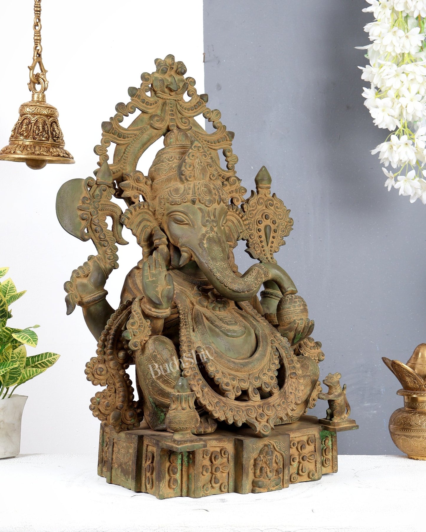 Vintage Brass Lord Ganesha Statue – Rustic Green Patina & Sand Finish Handcrafted Temple Sculpture 23.5 inch - Budhshiv.com