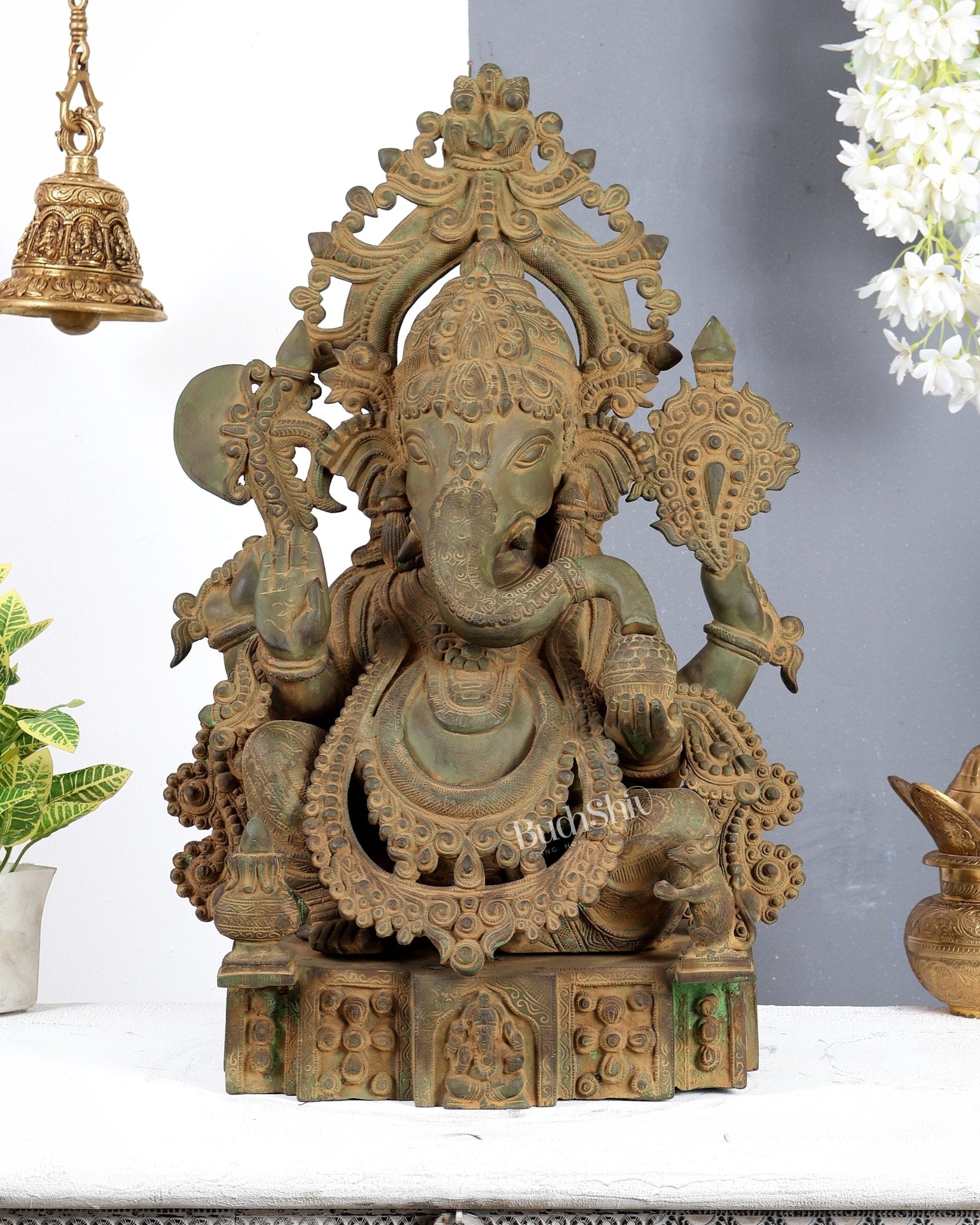 Vintage Brass Lord Ganesha Statue – Rustic Green Patina & Sand Finish Handcrafted Temple Sculpture 23.5 inch - Budhshiv.com
