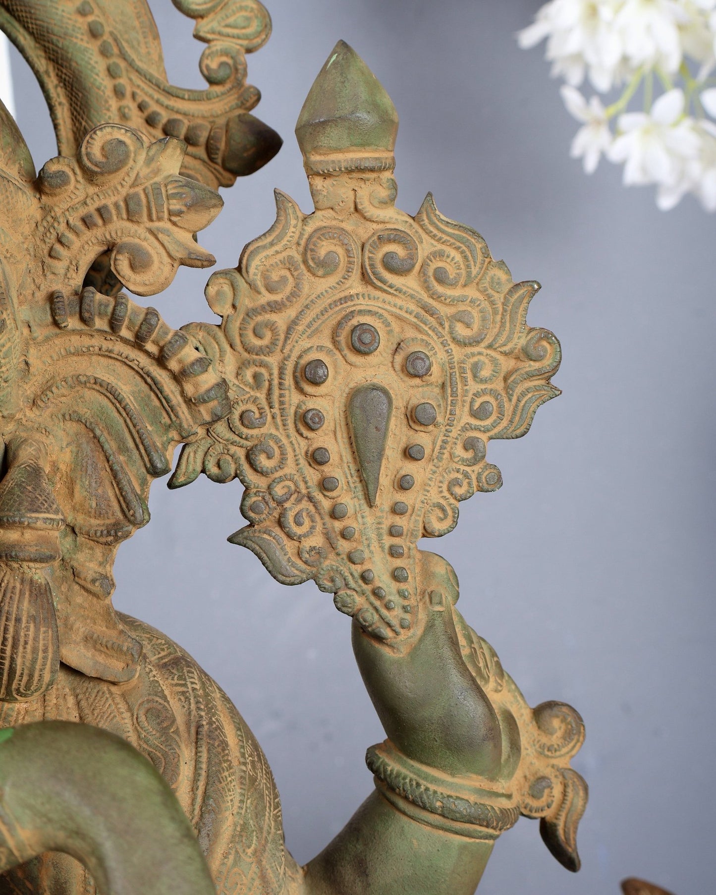 Vintage Brass Lord Ganesha Statue – Rustic Green Patina & Sand Finish Handcrafted Temple Sculpture 23.5 inch - Budhshiv.com