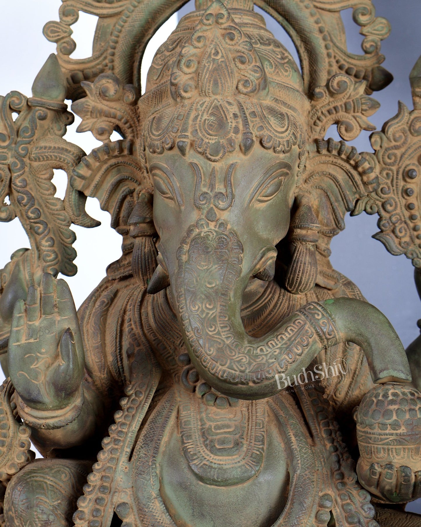 Vintage Brass Lord Ganesha Statue – Rustic Green Patina & Sand Finish Handcrafted Temple Sculpture 23.5 inch - Budhshiv.com