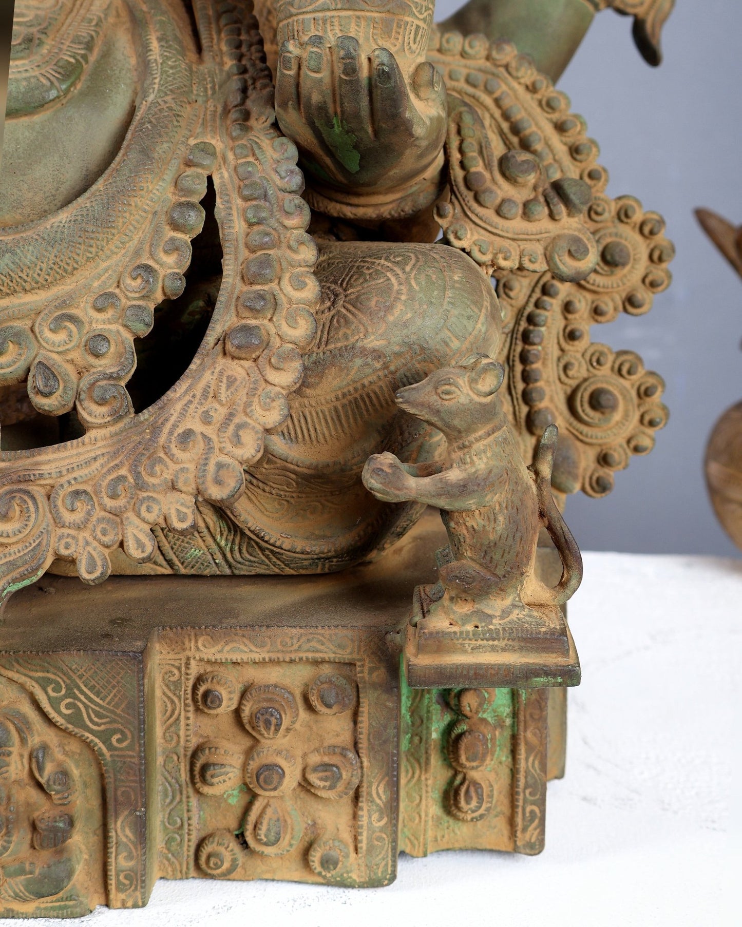 Vintage Brass Lord Ganesha Statue – Rustic Green Patina & Sand Finish Handcrafted Temple Sculpture 23.5 inch - Budhshiv.com