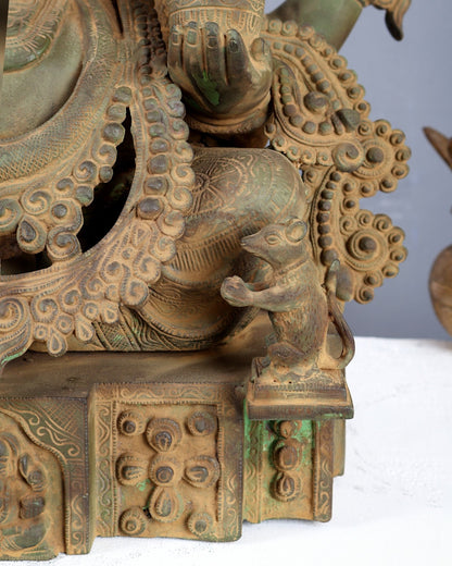 Vintage Brass Lord Ganesha Statue – Rustic Green Patina & Sand Finish Handcrafted Temple Sculpture 23.5 inch - Budhshiv.com