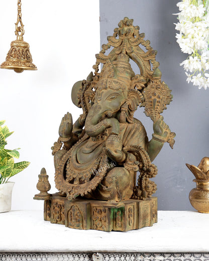 Vintage Brass Lord Ganesha Statue – Rustic Green Patina & Sand Finish Handcrafted Temple Sculpture 23.5 inch - Budhshiv.com