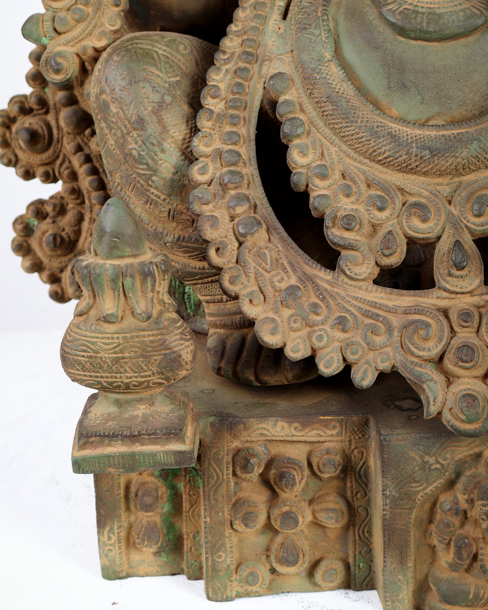 Vintage Brass Lord Ganesha Statue – Rustic Green Patina & Sand Finish Handcrafted Temple Sculpture 23.5 inch - Budhshiv.com