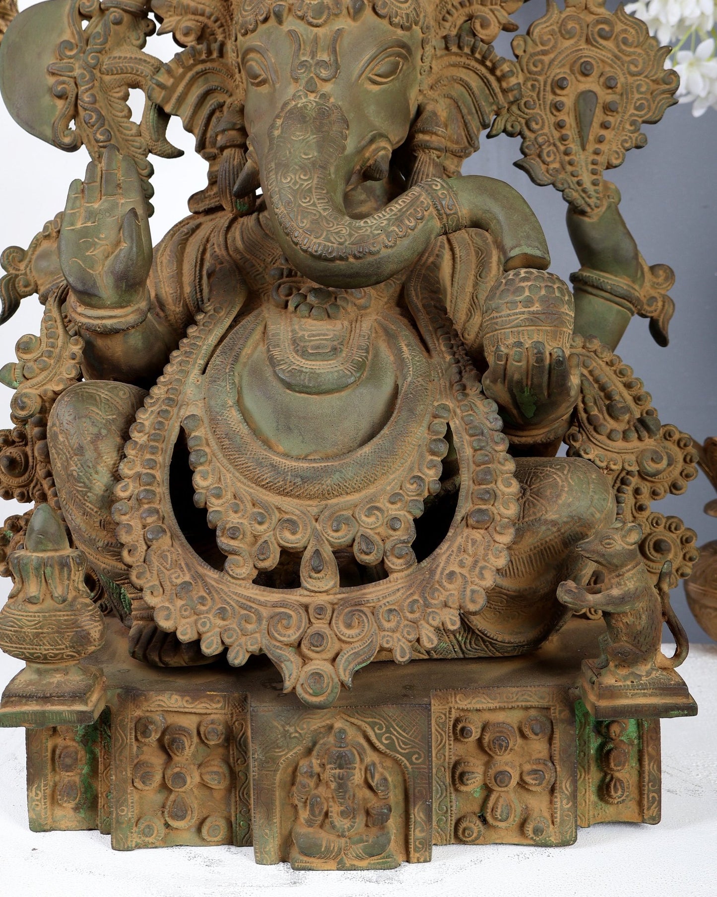 Vintage Brass Lord Ganesha Statue – Rustic Green Patina & Sand Finish Handcrafted Temple Sculpture 23.5 inch - Budhshiv.com