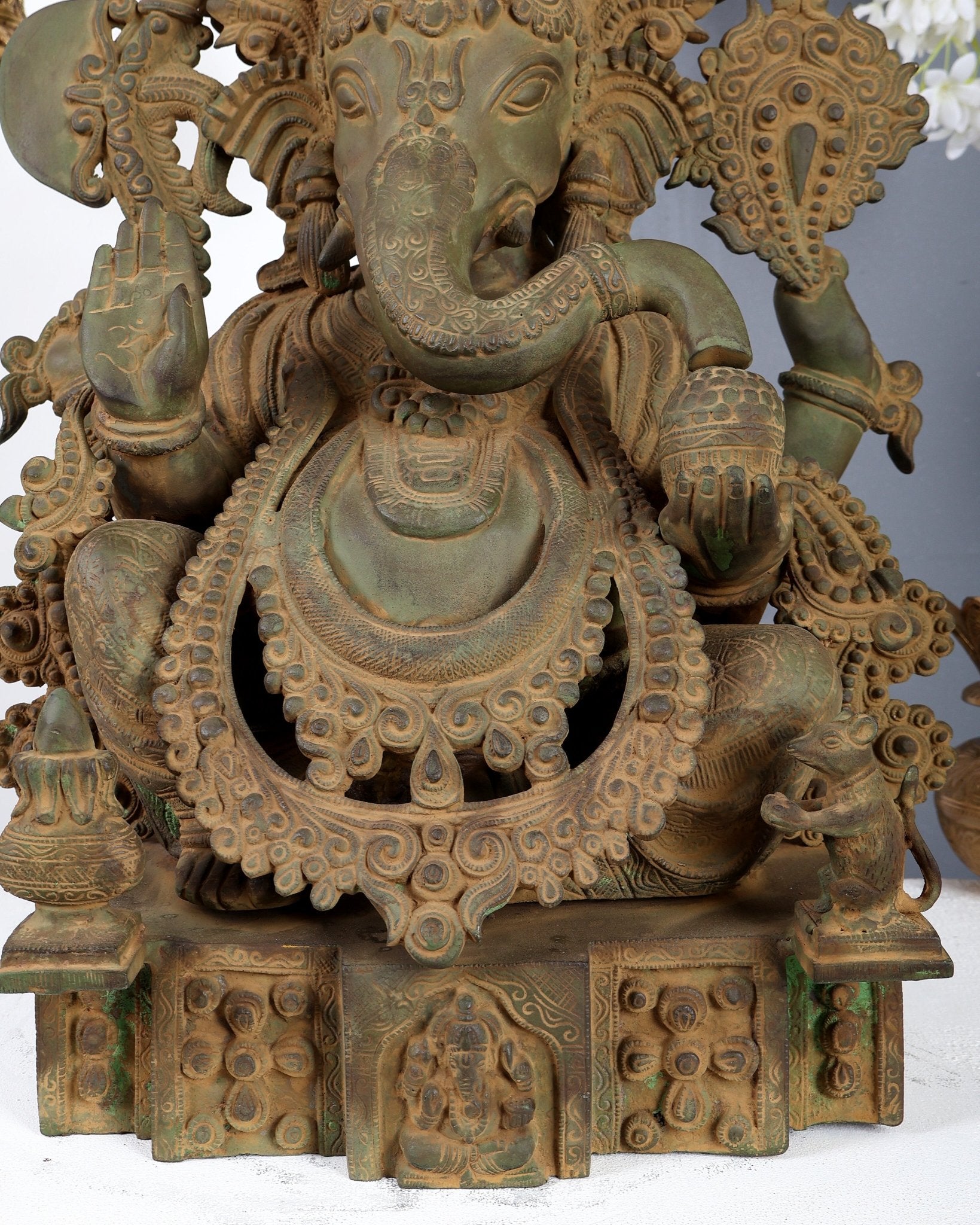 Vintage Brass Lord Ganesha Statue – Rustic Green Patina & Sand Finish Handcrafted Temple Sculpture 23.5 inch - Budhshiv.com