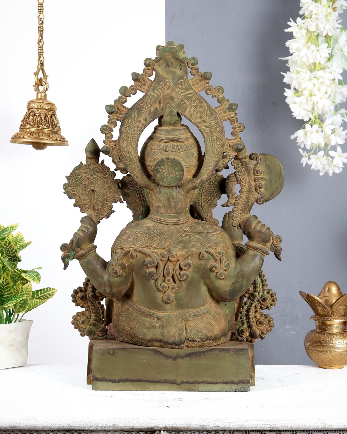 Vintage Brass Lord Ganesha Statue – Rustic Green Patina & Sand Finish Handcrafted Temple Sculpture 23.5 inch - Budhshiv.com