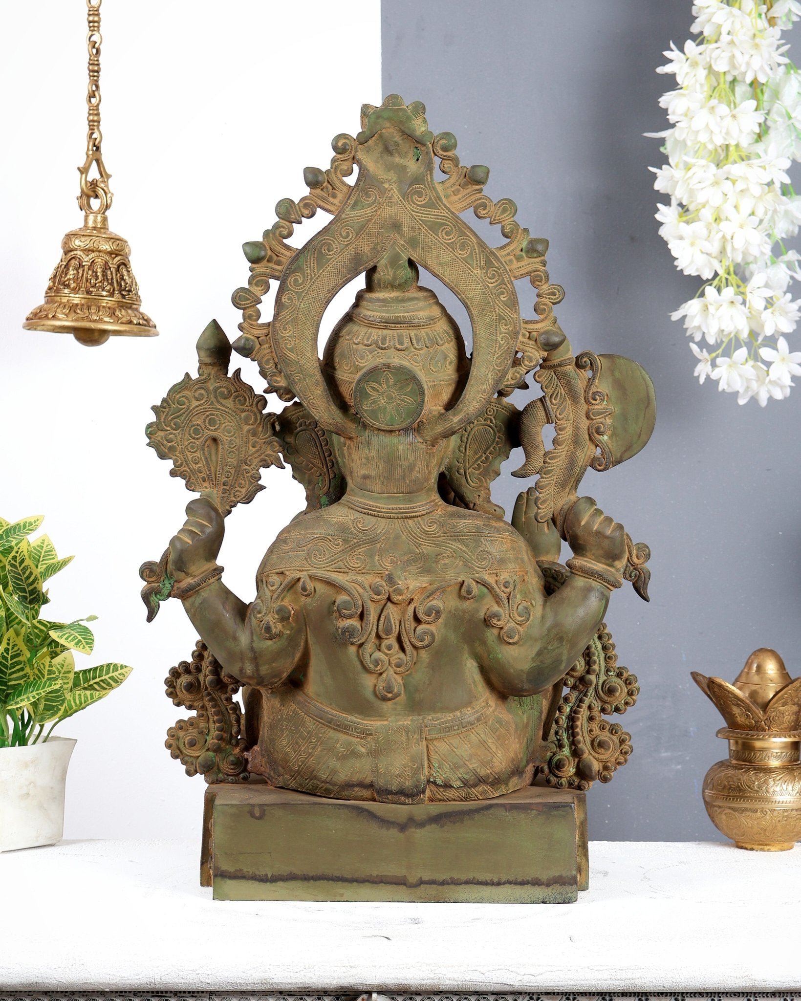 Vintage Brass Lord Ganesha Statue – Rustic Green Patina & Sand Finish Handcrafted Temple Sculpture 23.5 inch - Budhshiv.com