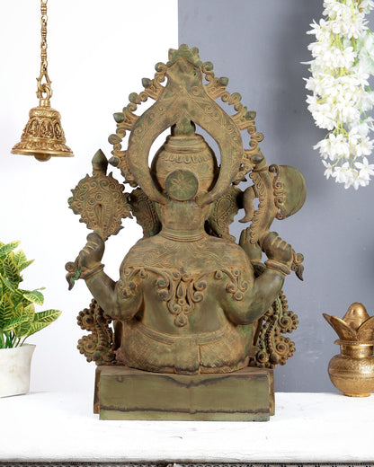 Vintage Brass Lord Ganesha Statue – Rustic Green Patina & Sand Finish Handcrafted Temple Sculpture 23.5 inch - Budhshiv.com